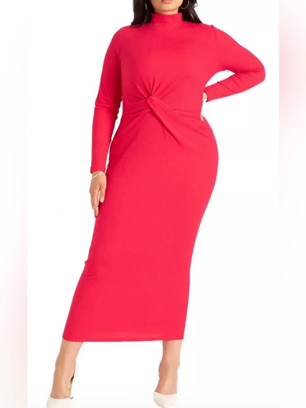 Elloquii Ribbed Knot-Front Long Sleeve Midi Dress - Pink